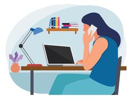 Business lady talking on mobile and working on laptop vector