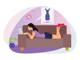 Woman on couch doing online shopping illustration. vector