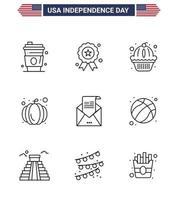 Big Pack of 9 USA Happy Independence Day USA Vector Lines and Editable Symbols of greeting email american usa festival american Editable USA Day Vector Design Elements