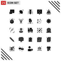 Pack of 25 Modern Solid Glyphs Signs and Symbols for Web Print Media such as lover cake experiment targeting seo Editable Vector Design Elements