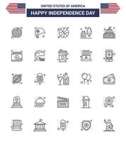 Paquete de 25 líneas de EE. UU. De signos y símbolos del día de la independencia de edificios emblemáticos, lugar de bola, botella de tinta, elementos de diseño de vectores editables del día de EE. UU.