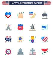 paquete de iconos de vector de stock de día americano 16 signos y símbolos de línea para carpa vacaciones bandera festividad barbacoa elementos de diseño de vector de día de estados unidos editables