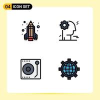 4 Universal Filledline Flat Colors Set for Web and Mobile Applications pencil rocket player brain audio configure Editable Vector Design Elements