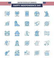 usa feliz día de la independencia pictograma conjunto de 25 blues simples de puntos de referencia deportes televisión bola irlanda editable usa día elementos de diseño vectorial vector