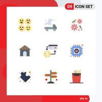 9 Universal Flat Color Signs Symbols of cashless accounting bouquet shope hose Editable Vector Design Elements