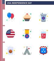 Happy Independence Day 9 Flats Icon Pack for Web and Print military badge drink award thanksgiving Editable USA Day Vector Design Elements