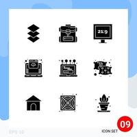 Set of 9 Vector Solid Glyphs on Grid for computer laptop hd install internet Editable Vector Design Elements