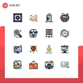 Pack of 16 creative Flat Color Filled Lines of ad data analysis shawarma auditing holiday Editable Creative Vector Design Elements