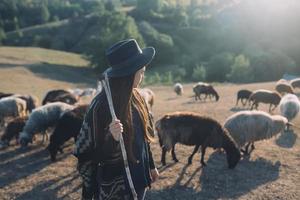 Female shepherd and flock of sheep at a lawn photo