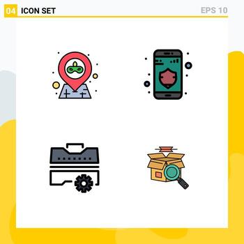 Mobile Interface Filledline Flat Color Set of 4 Pictograms of location toolbox party security box Editable Vector Design Elements