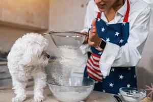 Woman in the kitchen sifts flour together with a dog photo