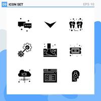 Group of 9 Modern Solid Glyphs Set for relaxation industrial filling engineering cogs Editable Vector Design Elements