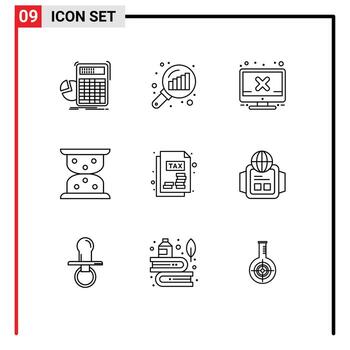 Group of 9 Modern Outlines Set for income tax statement waiting search stats loading error Editable Vector Design Elements
