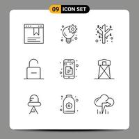 Pack of 9 Modern Outlines Signs and Symbols for Web Print Media such as sheets data investment unlock safety Editable Vector Design Elements