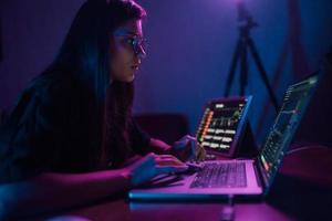 Attractive young woman working in home at night. photo