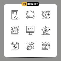 Set of 9 Vector Outlines on Grid for property house restaurant eco user Editable Vector Design Elements