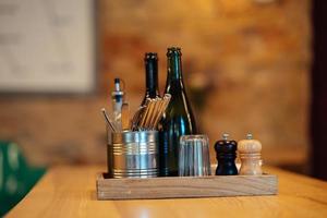 Items on the table in a street cafe. beautiful view photo