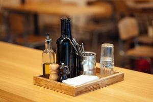 Items on the table in a street cafe. beautiful view photo