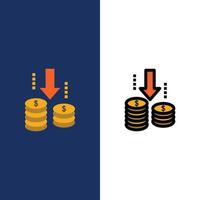 iconos de análisis de fondos de transferencia de dinero planos y llenos de línea conjunto de iconos vector fondo azul