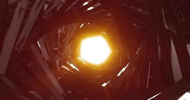 A spinning tunnel with walls made of metal sticks and lines of pentagons with reflections of bright luminous sunbeams. Abstract background photo