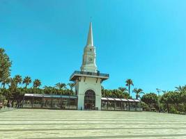 building spire in a tropical, hot country. white, high, sharp spire on the roof. building with a tower on top. near palm trees and shrubs photo