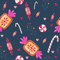 Colorful christmas pattern with retro christmas candies, sweets, berries vector