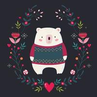 Cute white bear with floral wreath on dark background vector