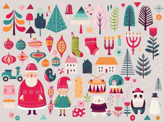 Colorful Vintage Christmas set with cute festive stuff for your design