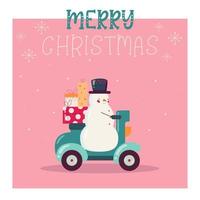 Merry christmas card. snowman riding a moped with gifts, pink background