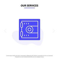 Our Services Locker Lock Motivation Solid Glyph Icon Web card Template vector