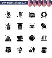 Happy Independence Day USA Pack of 16 Creative Solid Glyphs of scroll stage pumpkin election nutrition Editable USA Day Vector Design Elements