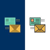 lista de correos electrónicos de conversación de correo iconos de correo plano y lleno de línea conjunto de iconos vector fondo azul