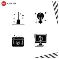 Universal Icon Symbols Group of 4 Modern Solid Glyphs of broom video witch broom solution player Editable Vector Design Elements