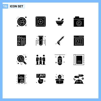 16 Universal Solid Glyphs Set for Web and Mobile Applications report document patient data network Editable Vector Design Elements