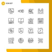 Pack of 16 Modern Outlines Signs and Symbols for Web Print Media such as monitor cross media church big Editable Vector Design Elements