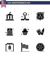 Happy Independence Day Pack of 9 Solid Glyphs Signs and Symbols for cake kids america entertainment police Editable USA Day Vector Design Elements