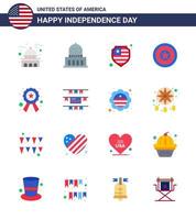 Group of 16 Flats Set for Independence day of United States of America such as police medal usa independence day holiday Editable USA Day Vector Design Elements