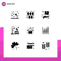 Mobile Interface Solid Glyph Set of 9 Pictograms of clothes park protection night city Editable Vector Design Elements