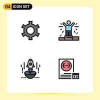 Pack of 4 Modern Filledline Flat Colors Signs and Symbols for Web Print Media such as cog startup business launch spaceship Editable Vector Design Elements