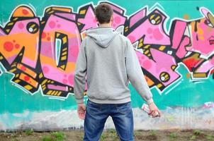 A young graffiti artist in a gray hoodie looks at the wall with photo