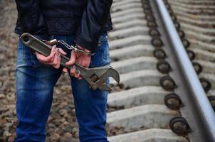 The girl in handcuffs with the adjustable wrench on the railway photo