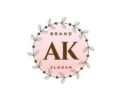 logotipo femenino inicial ak. utilizable para logotipos de naturaleza, salón, spa, cosmética y belleza. elemento de plantilla de diseño de logotipo de vector plano.