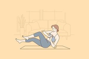 Healthy active lifestyle, training at home concept. Fitness young smiling woman doing twists exercises on fitness mat during morning workout at home feeling energetic vector illustration