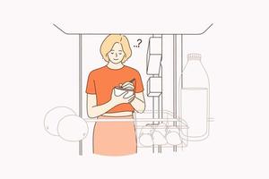 Forming shopping list for supermarket concept. Young smiling woman standing checking refrigerator and making shopping list before going to grocery store vector illustration