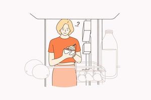 Forming shopping list for supermarket concept. Young smiling woman standing checking refrigerator and making shopping list before going to grocery store vector illustration