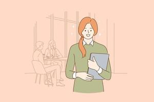 Successful office worker businesswoman concept. Portrait of smiling young business woman worker standing with laptop over colleagues at background looking at camera illustration vector