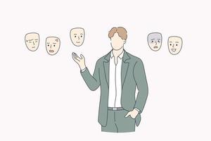 Choosing mood, self identity concept. Businessman without face standing and choosing right mask to wear trying to feel his identity and state of mind vector illustration