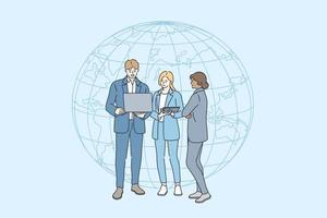 Business internet connection concept. Group of young smiling business people standing with laptop over planet hologram discussing projects together in team vector illustration