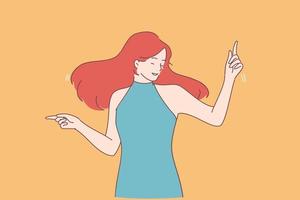 baile, poder de la mujer, concepto de felicidad. sonriente mujer joven positiva vestida con cabello brillante bailando moviendo el cabello divirtiéndose sintiéndose alegre ilustración vectorial vector