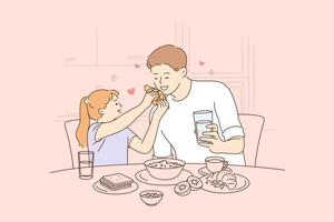 feliz día del padre, pasar tiempo con el concepto de niños. sonriente feliz joven padre y su pequeña hija sentados y desayunando juntos en casa en la ilustración de la cocina vector